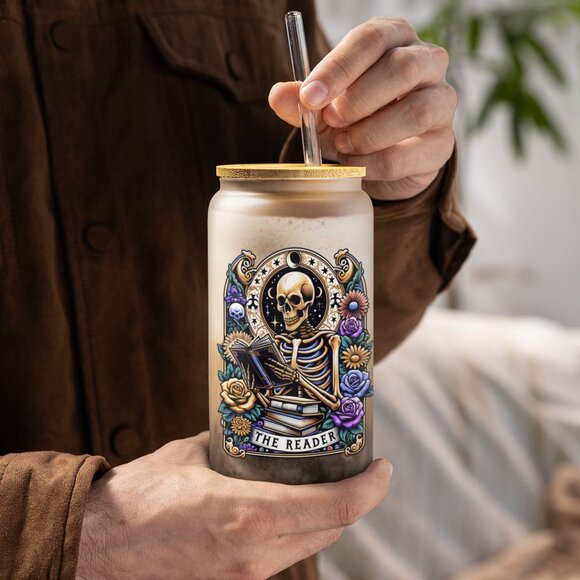 The Reader, Skeleton Tarot Card Mug, Gothic, Glass Tumbler, Booktok, Pagan - Picture 2 of 6